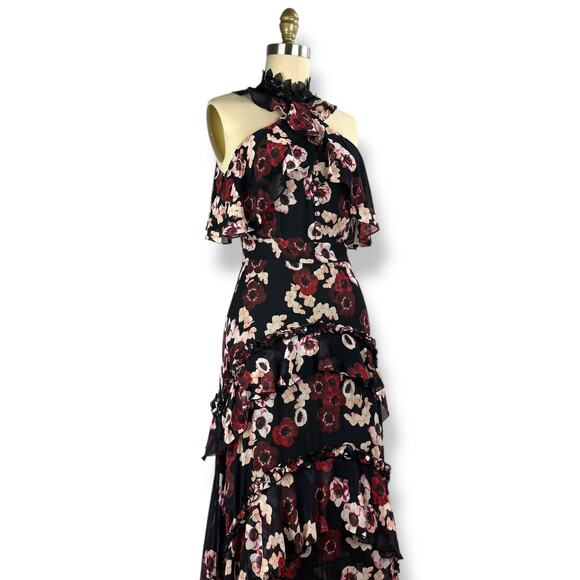New w/Tag NICHOLAS silk floral ruffle tiered asymmetrical Goddess gown - Picture 8 of 17